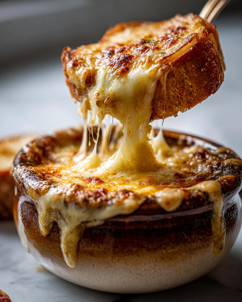 A piece of cheesy, toasted bread being lifted from a bowl of bubbling french onion soup recipe, showing dramatic cheese pull.