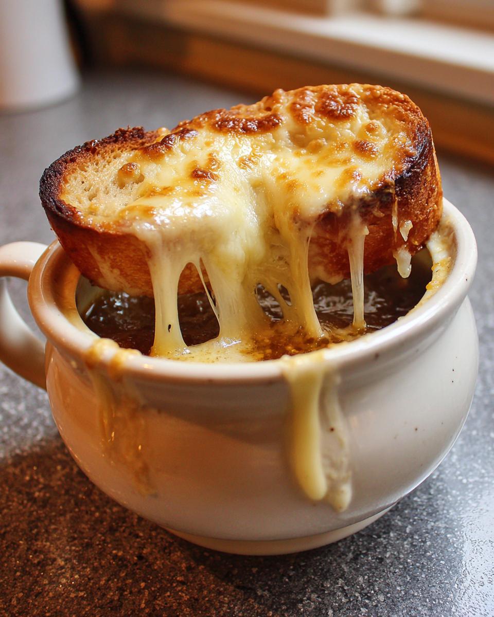 A close-up of a bowl of french onion soup recipe topped with a toasted crouton covered in melted, stringy cheese.