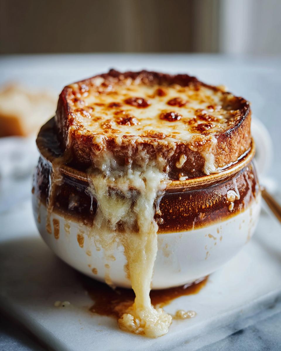 Close-up of a bowl of french onion soup recipe topped with a thick layer of melted, browned cheese dripping down the side.