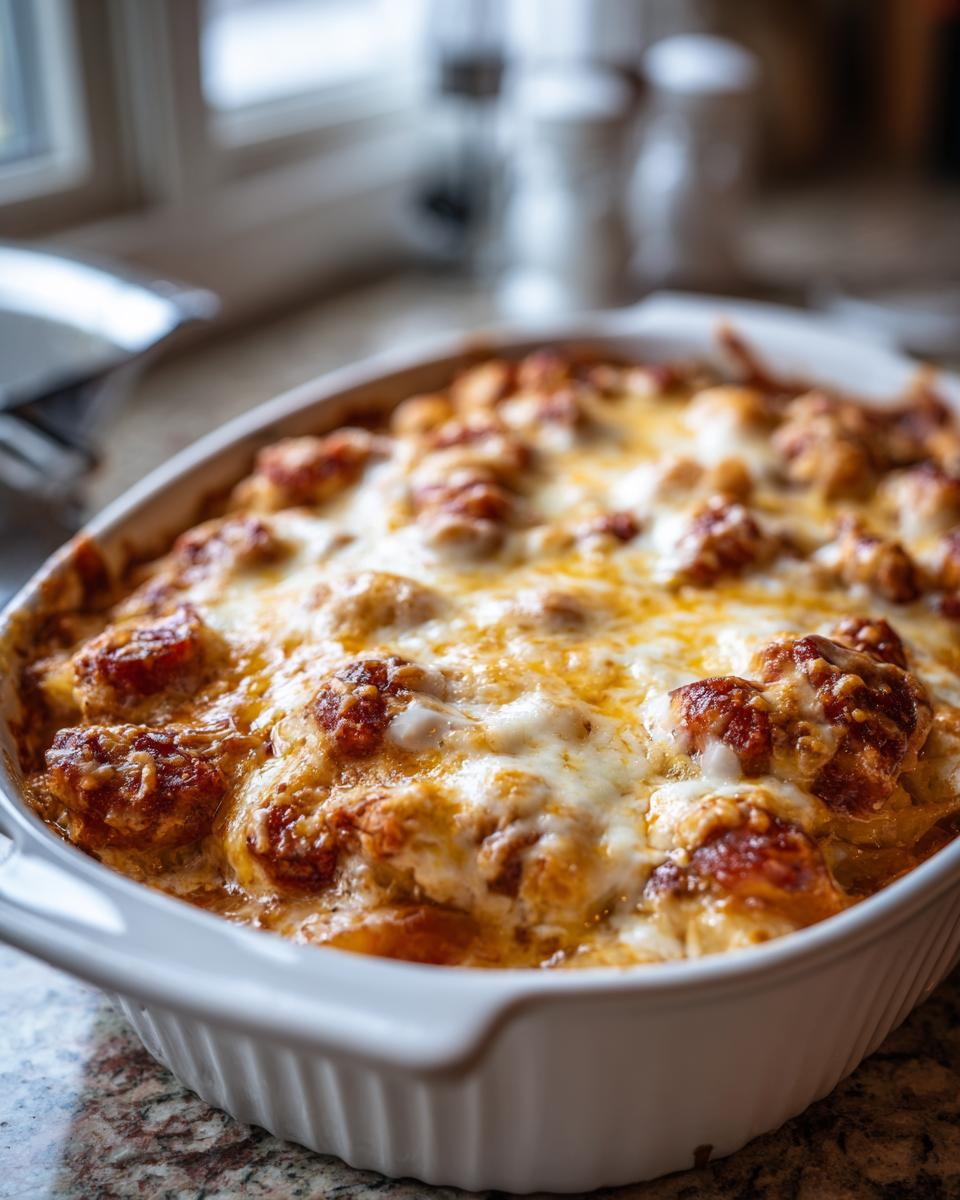 A close-up of a freshly baked pierogi casserole in a white dish, topped with bubbly, melted mozzarella and cheddar cheese.