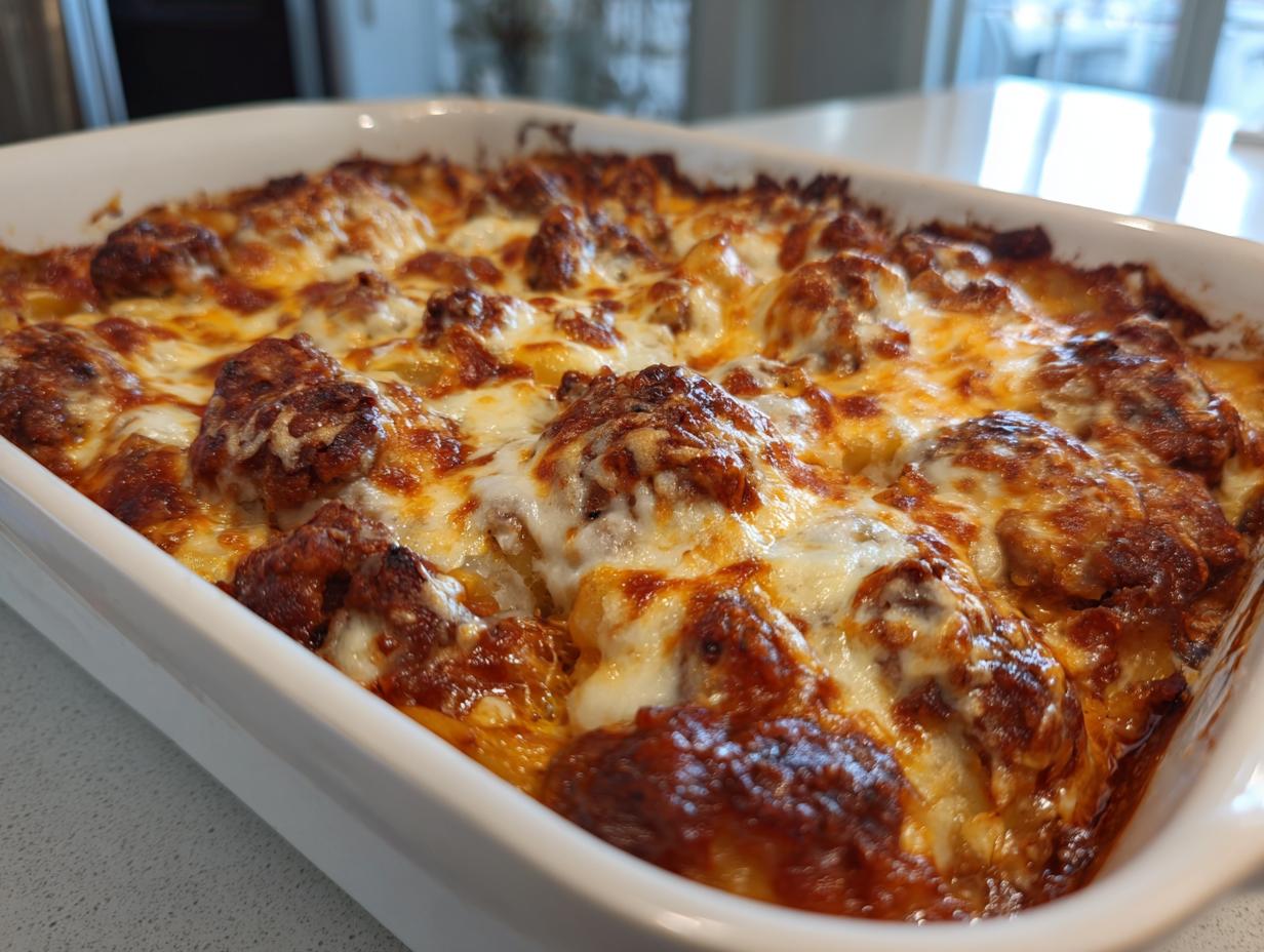 Close-up of a hot, bubbling pierogi casserole dish topped with melted, browned cheese.