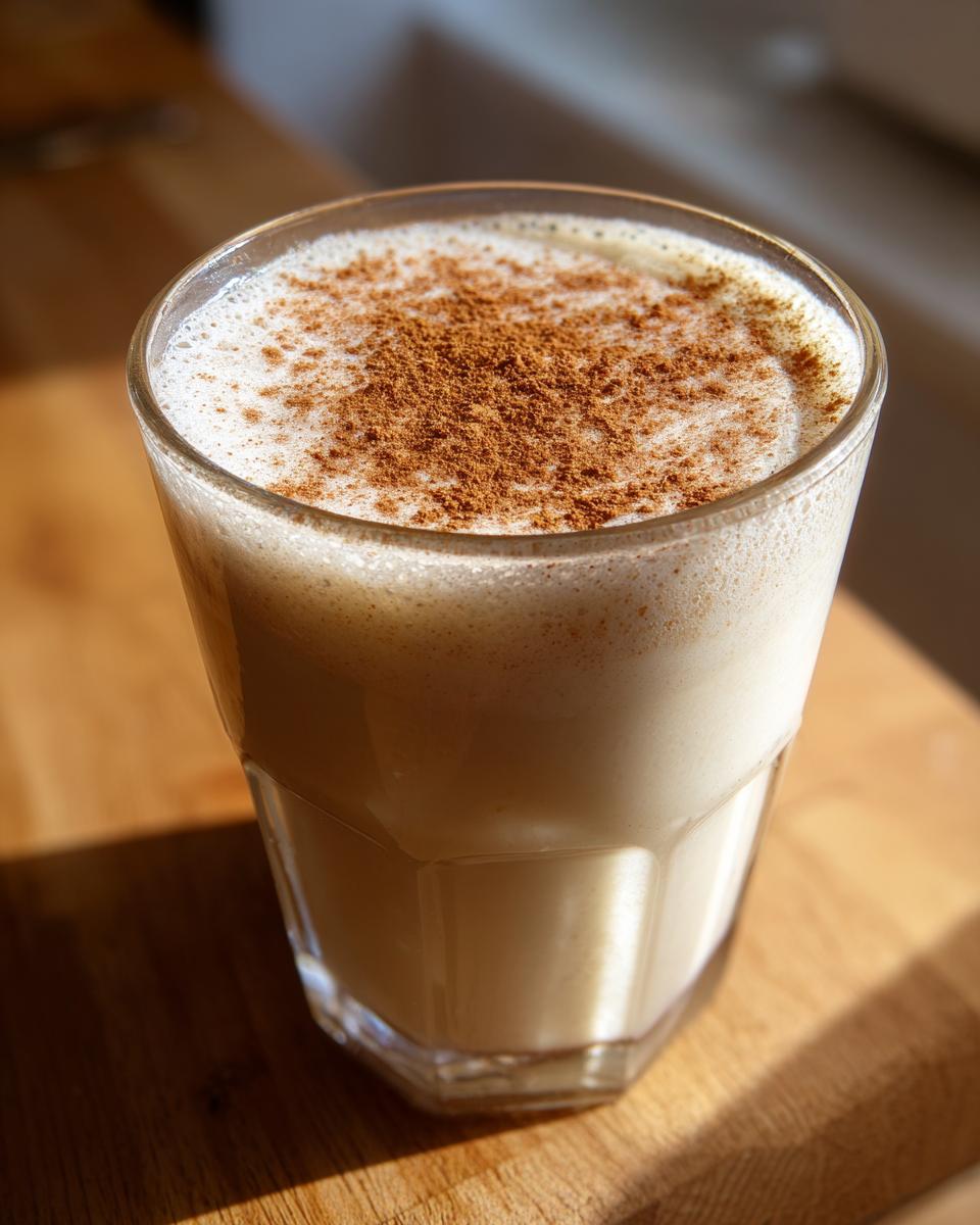 Close-up of a glass filled with creamy coquito topped with a generous dusting of ground cinnamon.