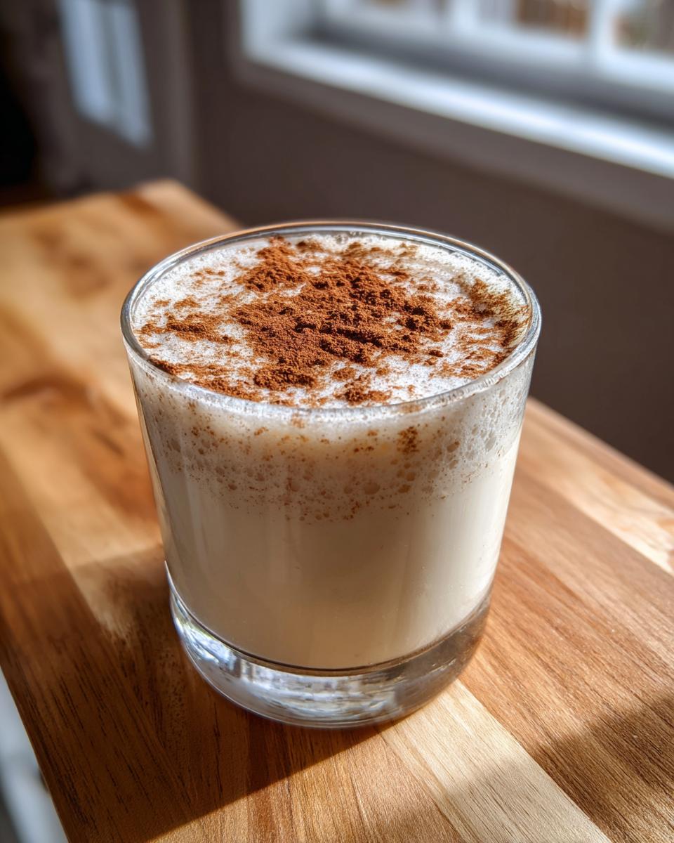 A glass of creamy, frothy coquito topped generously with ground cinnamon, sitting on a wooden surface.