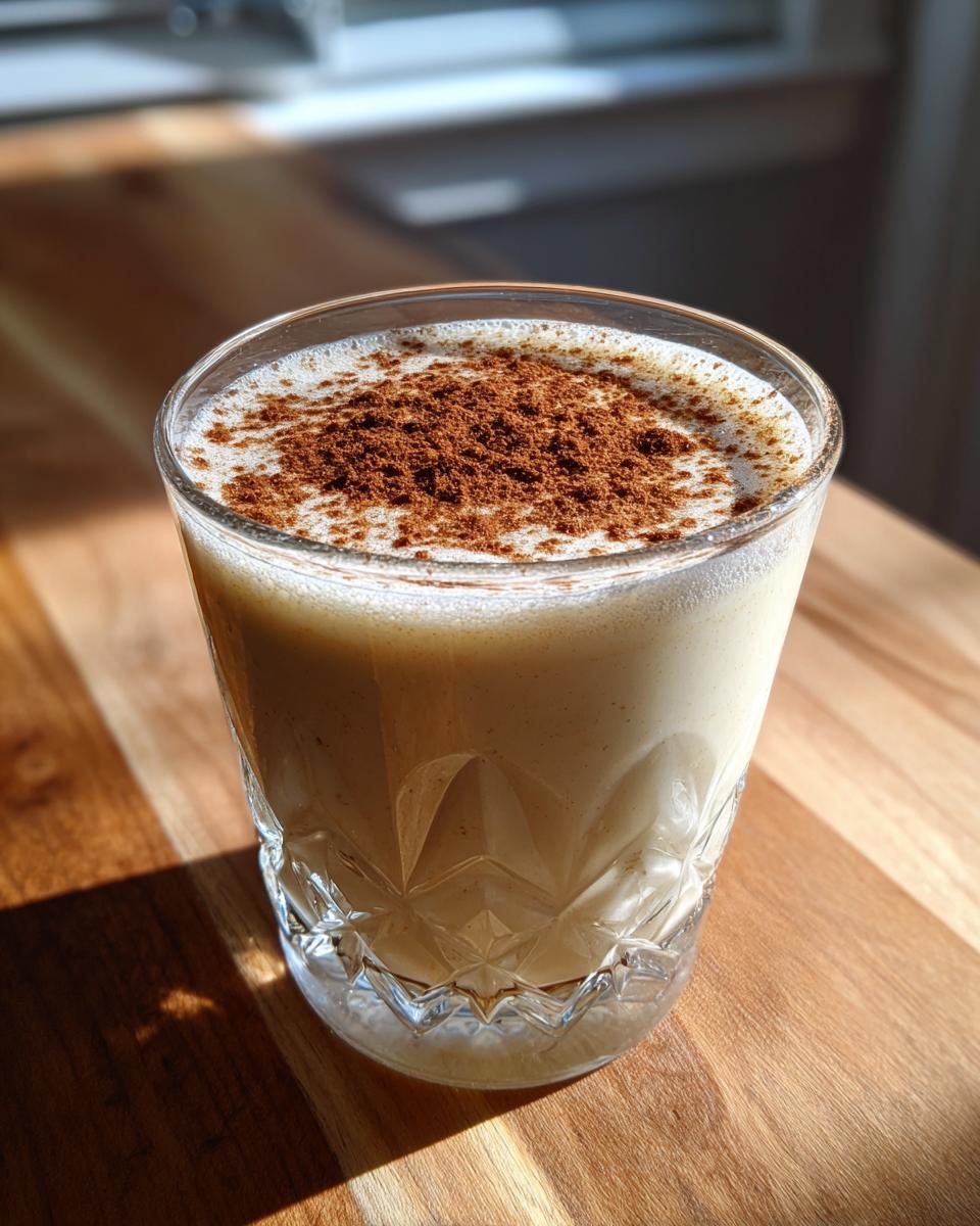 A creamy glass of coquito topped generously with ground cinnamon, sitting on a wooden table.