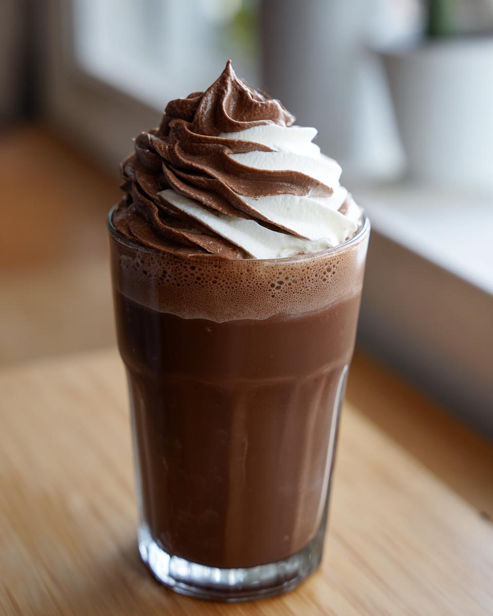 A tall glass filled with rich, dark whipped hot chocolate, topped with a swirl of white and chocolate whipped cream.