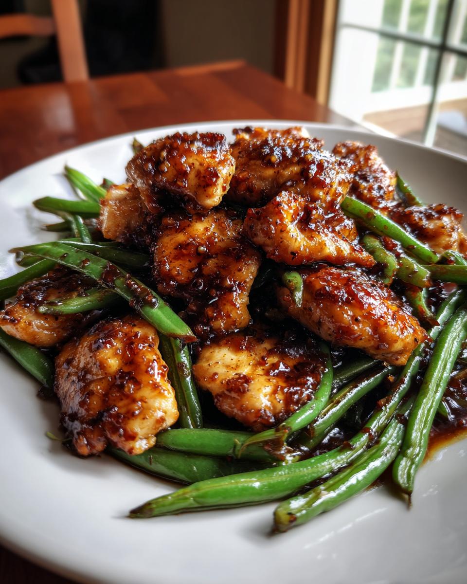 Close-up of glazed chicken pieces served over bright green beans, a perfect example of chicken and green beans.