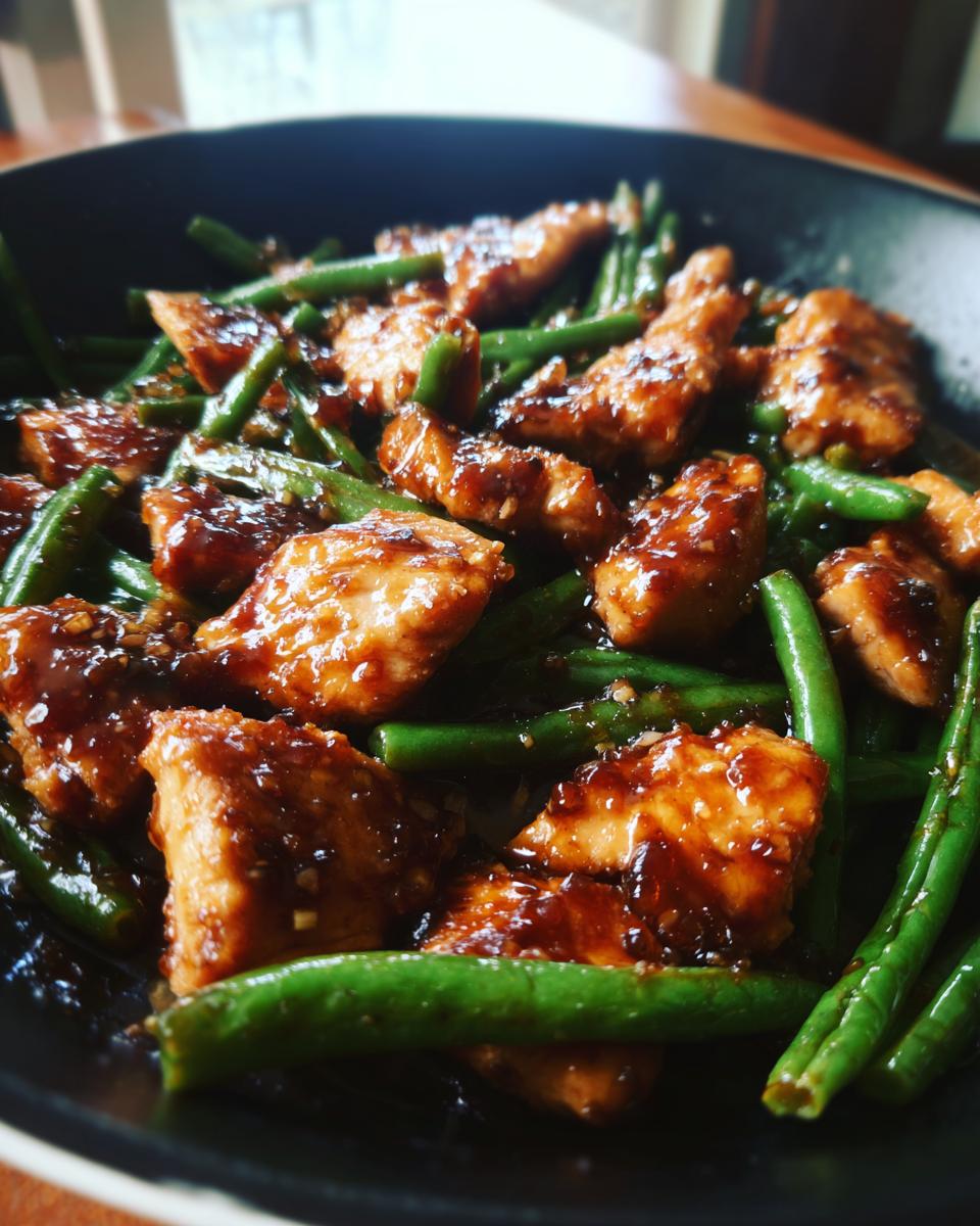 A close-up shot of glossy, sauced chicken pieces mixed with bright green beans, representing the chicken and green beans recipe.