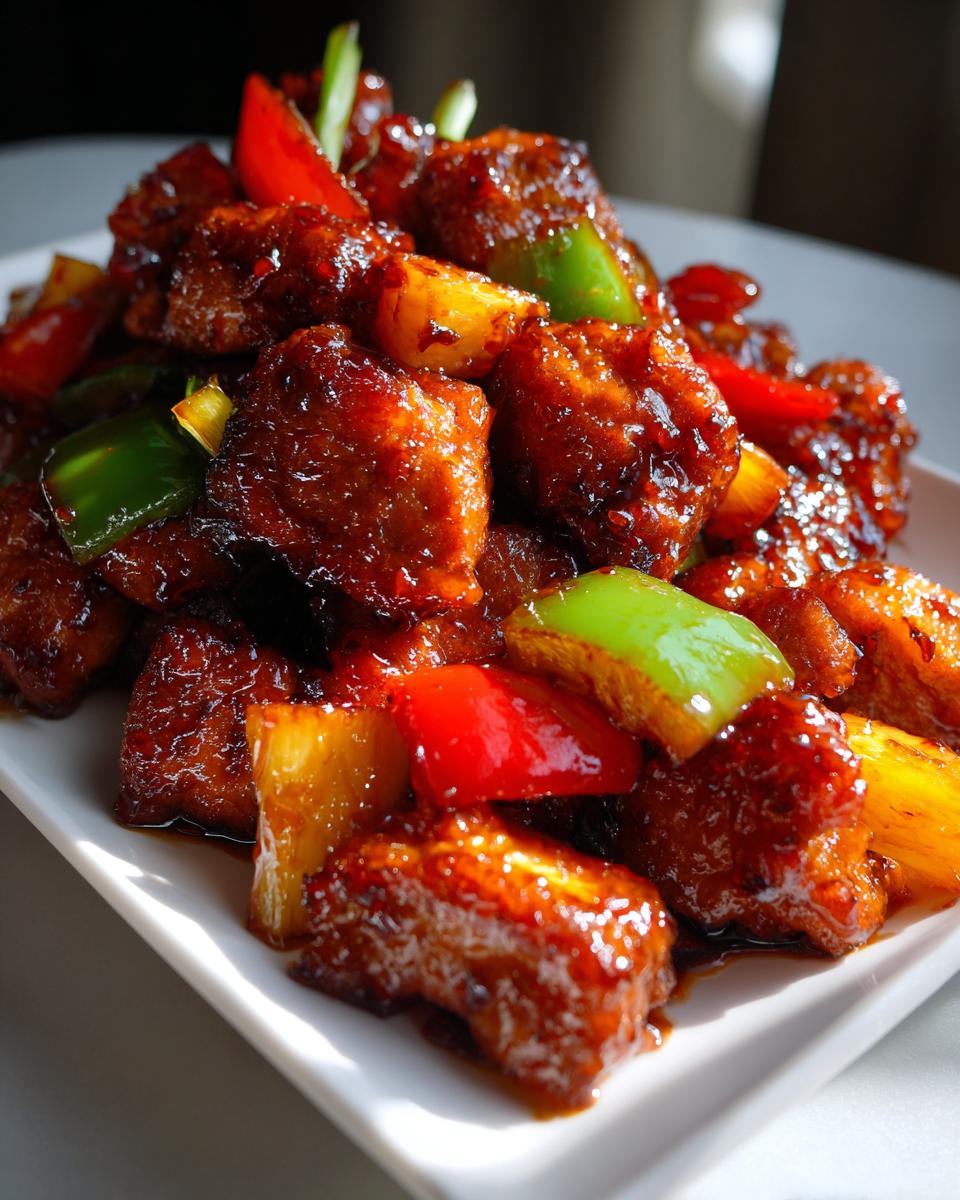 Close-up of glazed, saucy hawaiian chicken sheet pan pieces mixed with red and green peppers and pineapple chunks.
