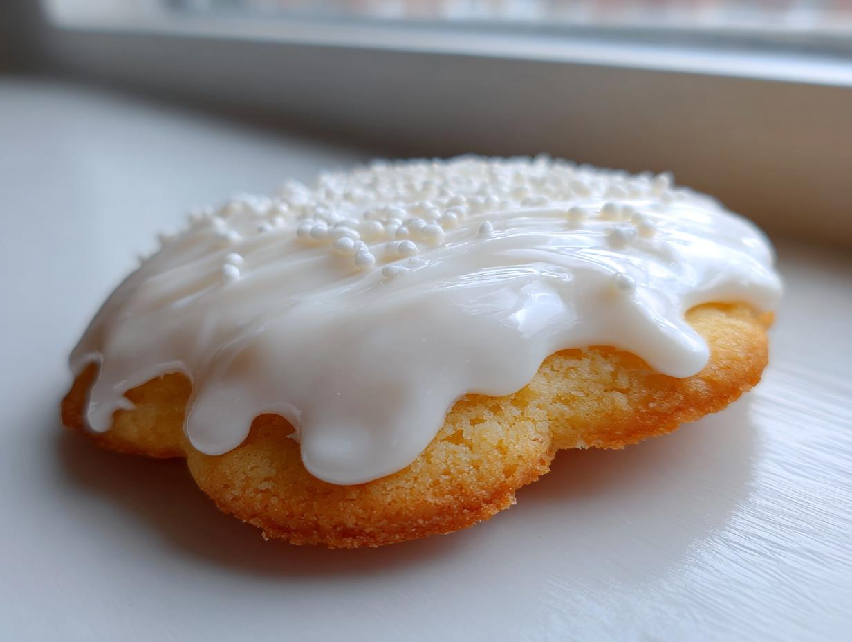 Close-up of a golden baked cookie topped with thick, glossy white cookie icing and white nonpareil sprinkles.