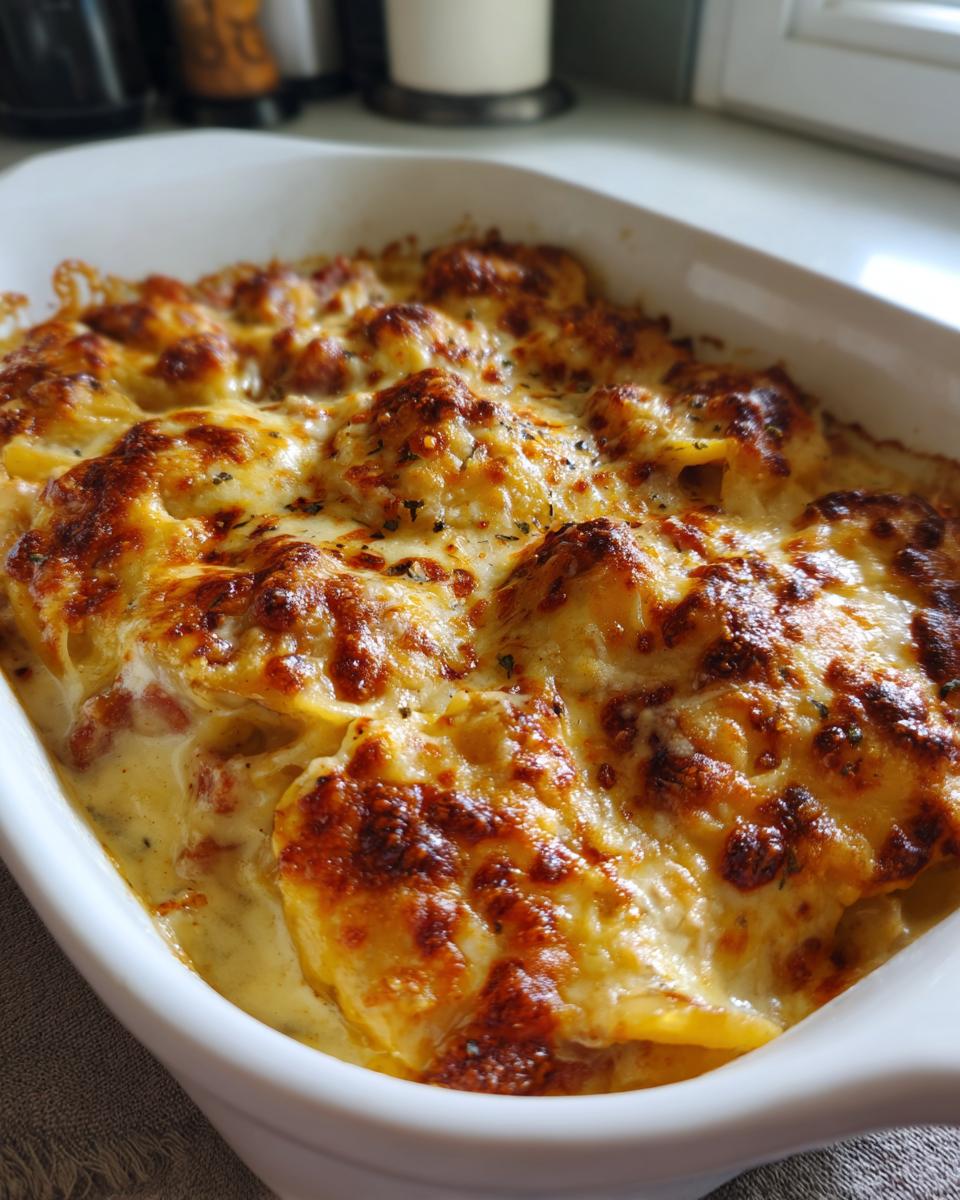 Close-up of a bubbling, cheesy pierogi casserole with a deeply browned, golden crust in a white baking dish.