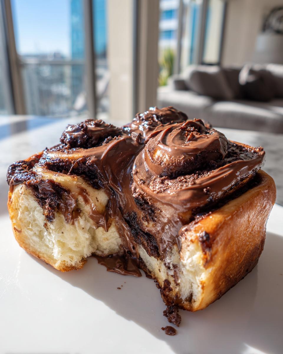 A close-up of a soft, fluffy chocolate cinnamon roll heavily topped with melted chocolate frosting.