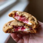 Close-up of strawberry cheesecake cookies cut in half, showing the gooey strawberry filling and cream cheese center.