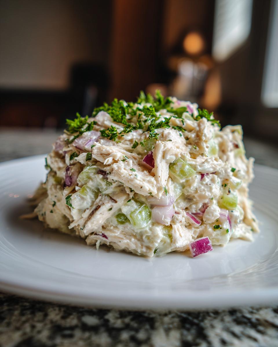 A perfectly scooped portion of greek yogurt chicken salad featuring shredded chicken, celery, and red onion, topped with fresh parsley.