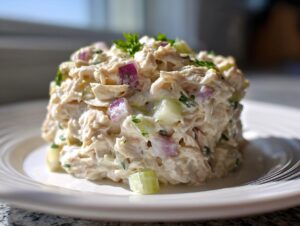 A close-up mound of creamy greek yogurt chicken salad mixed with diced red onion and celery, garnished with parsley.