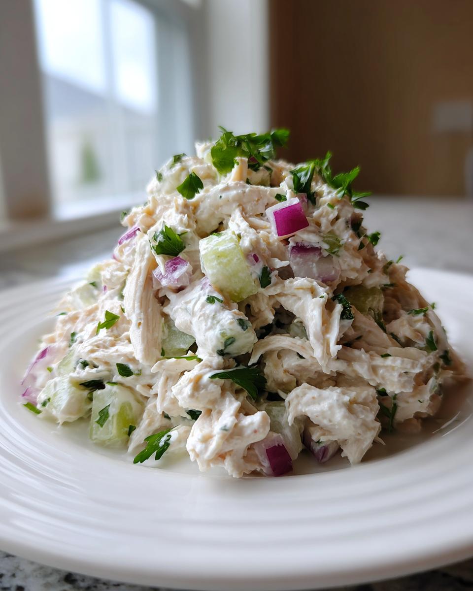 A close-up of a generous serving of greek yogurt chicken salad, featuring shredded chicken, red onion, cucumber, and parsley on a white plate.