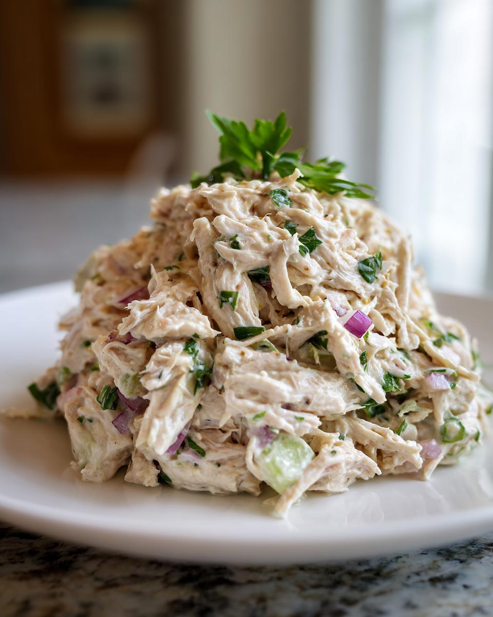Close-up of a generous scoop of greek yogurt chicken salad mixed with celery and red onion, garnished with parsley.