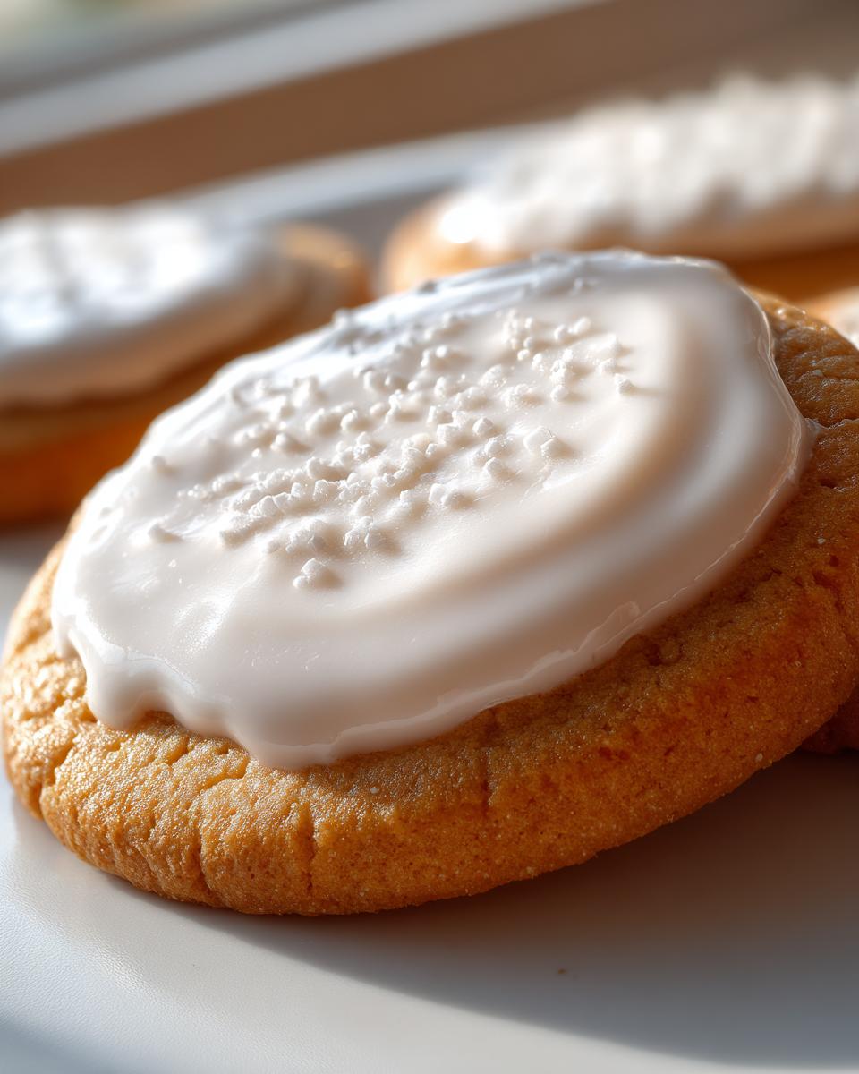 Close-up of a soft, golden cookie topped with thick, glossy white cookie icing and white sprinkles.