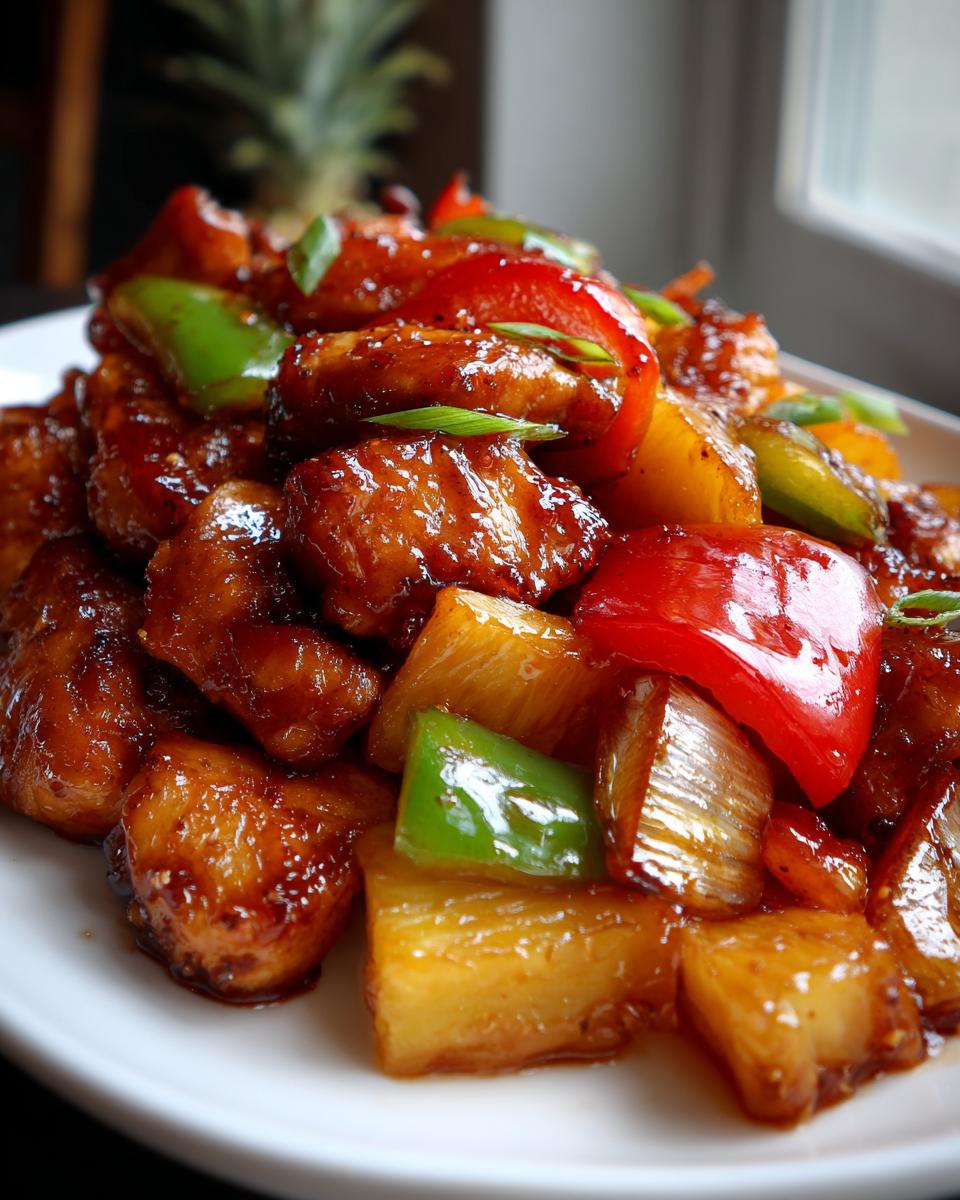 Close-up of glazed Hawaiian chicken pieces mixed with chunks of pineapple, red and green bell peppers, and garnished with green onions.