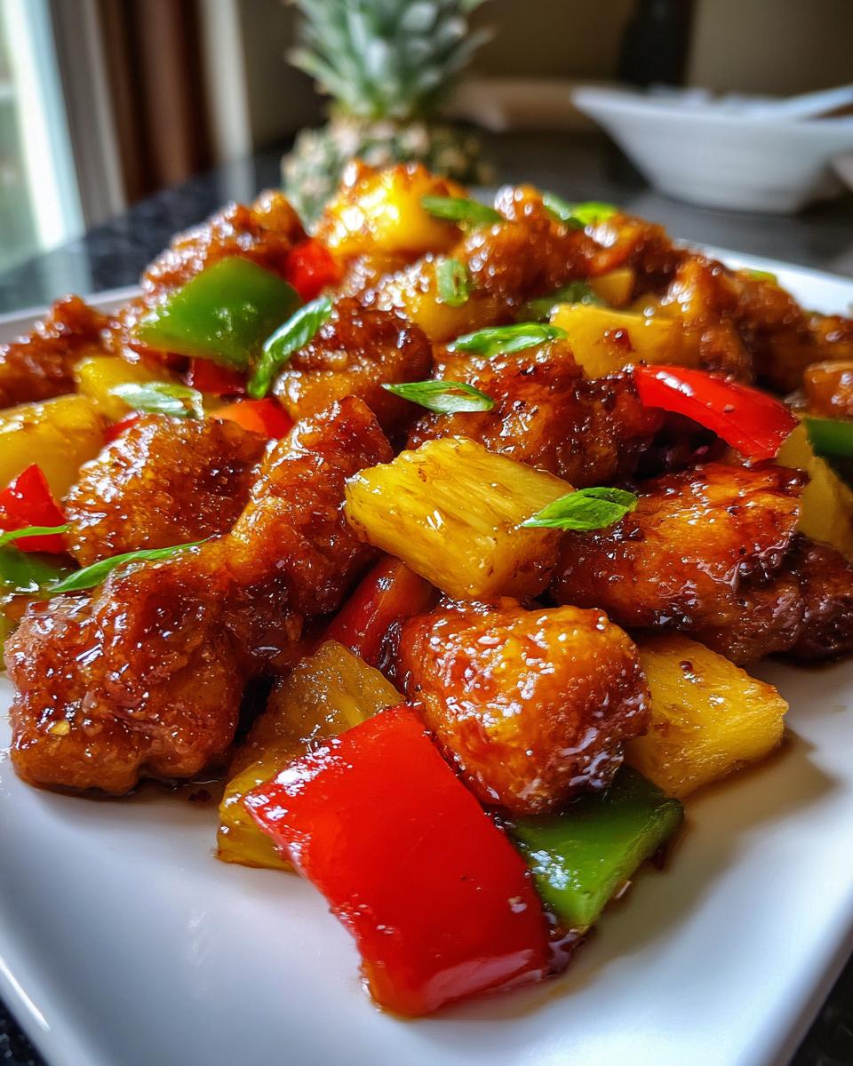 Close-up of glazed hawaiian chicken sheet pan pieces mixed with chunks of pineapple and colorful bell peppers.
