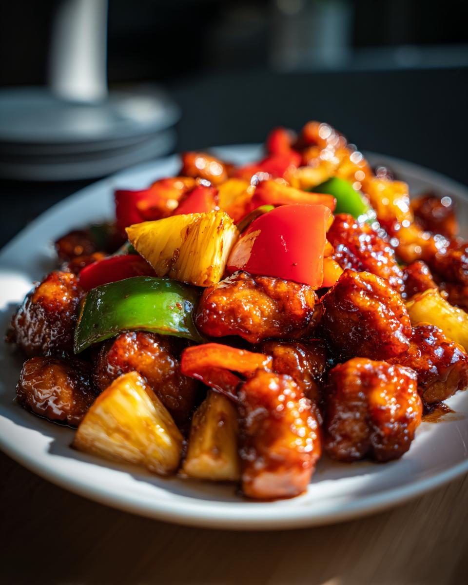 Close-up of glossy, glazed hawaiian chicken pieces mixed with pineapple chunks and bell peppers.