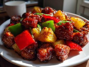 Close-up of glazed, saucy Hawaiian chicken pieces mixed with pineapple chunks and bell peppers.