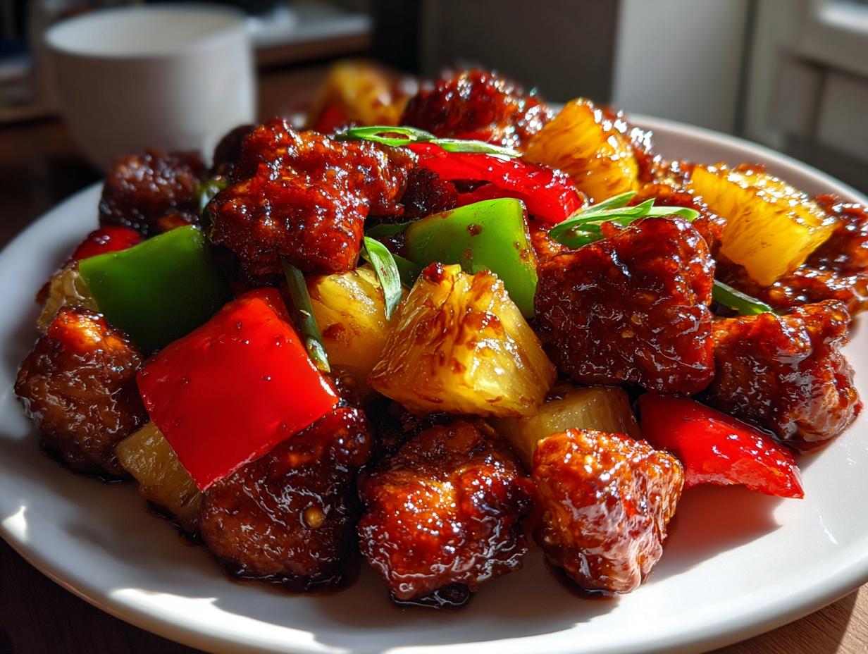 Close-up of glazed, saucy Hawaiian chicken pieces mixed with pineapple chunks and bell peppers.
