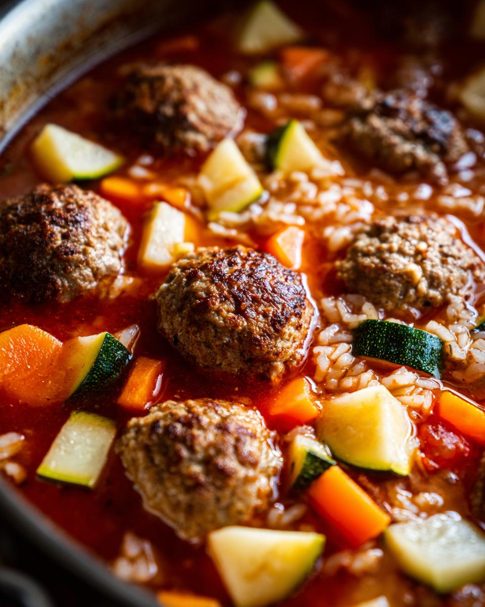 Close-up view of rich, red broth albondigas soup featuring browned meatballs, rice, carrots, and zucchini chunks.