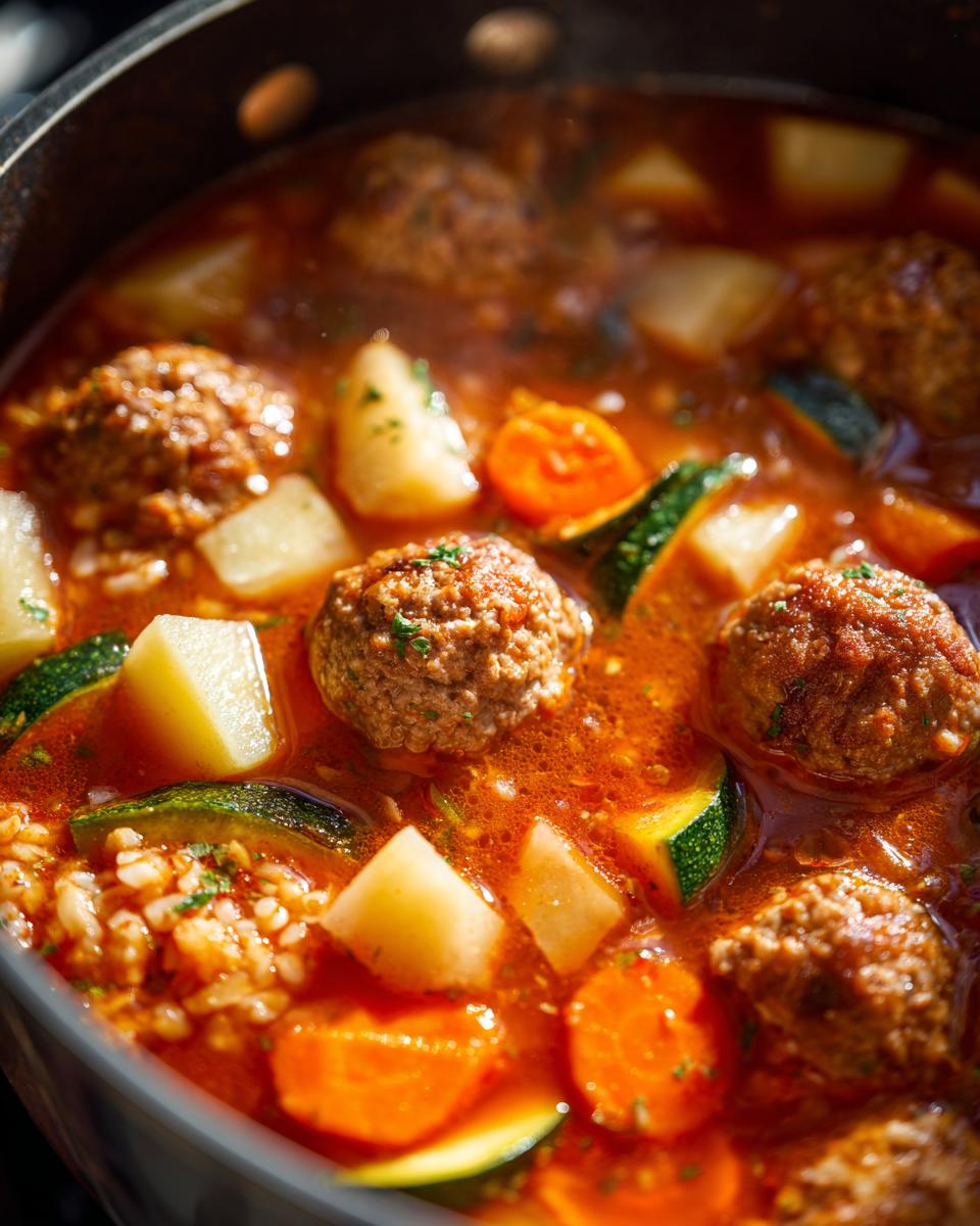 A close-up, top-down view of rich, simmering albondigas soup filled with meatballs, potatoes, carrots, zucchini, and rice.