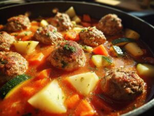 Close-up of simmering albondigas soup featuring meatballs, potatoes, carrots, and zucchini in a rich tomato broth.