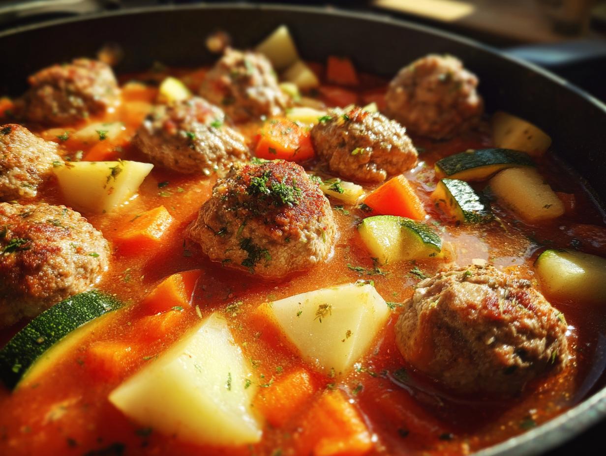 Close-up of simmering albondigas soup featuring meatballs, potatoes, carrots, and zucchini in a rich tomato broth.