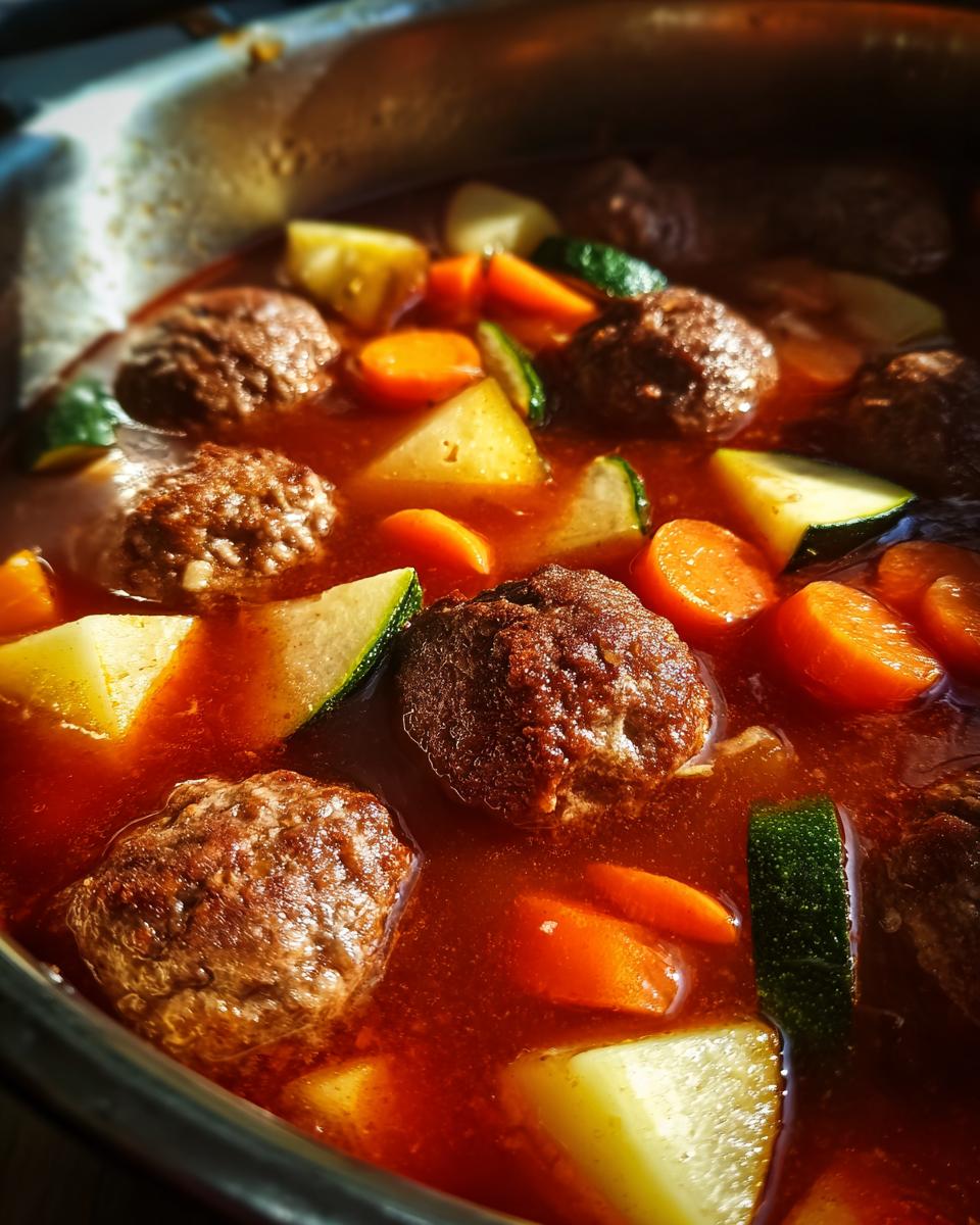 Close-up of meatballs and vegetables simmering in rich broth for albondigas soup.