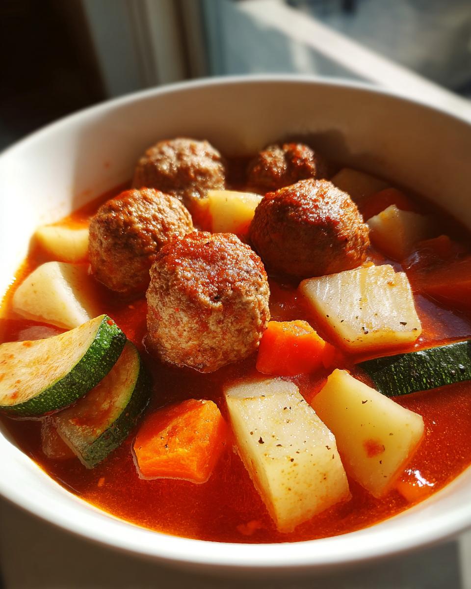 Close-up of a white bowl filled with rich, red broth albondigas soup featuring meatballs, potatoes, carrots, and zucchini slices.