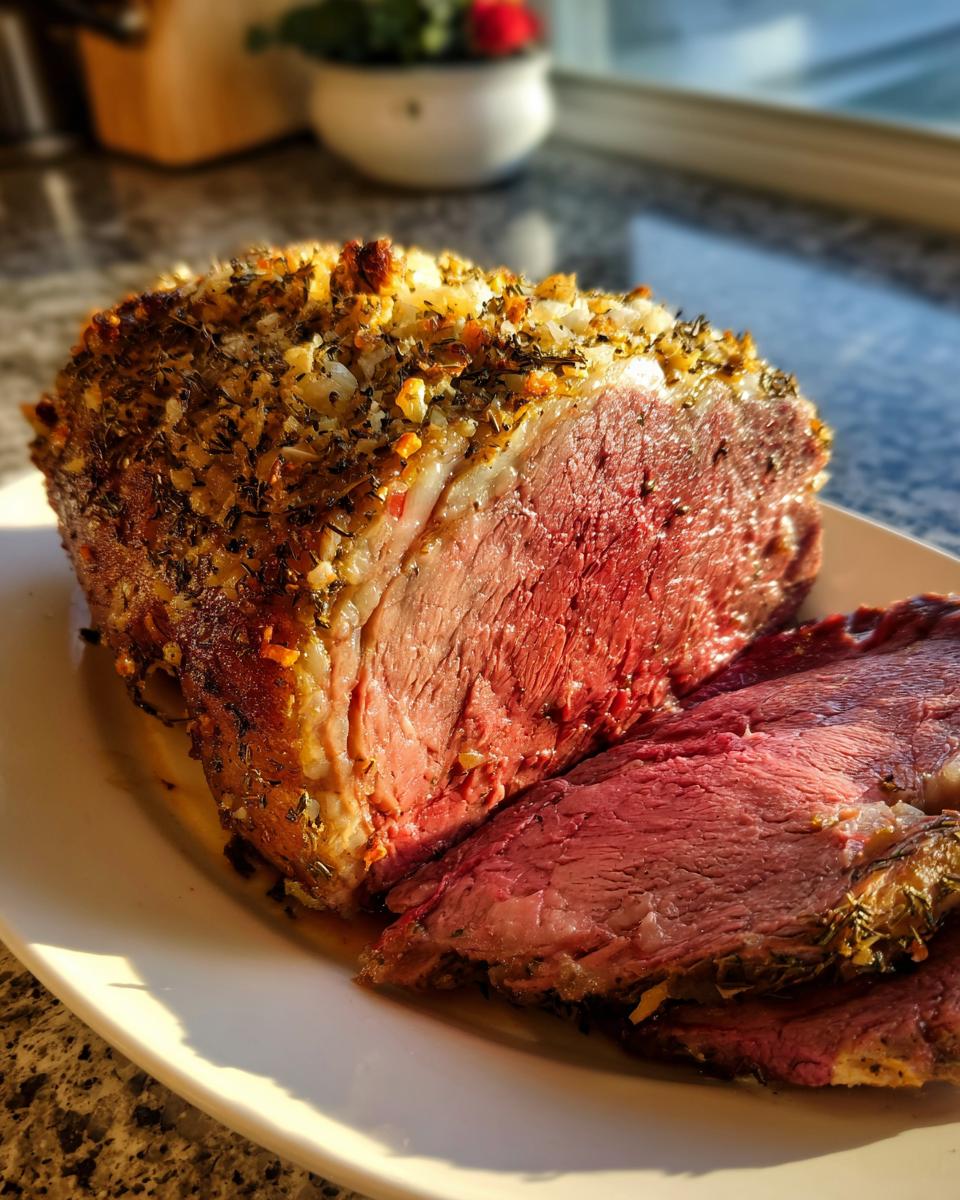 Close-up of a perfectly cooked, medium-rare rib roast with a thick, herbed crust, sliced on a white plate.