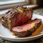 Close-up of a juicy, medium-rare rib roast, perfectly crusted with herbs, with one slice cut.