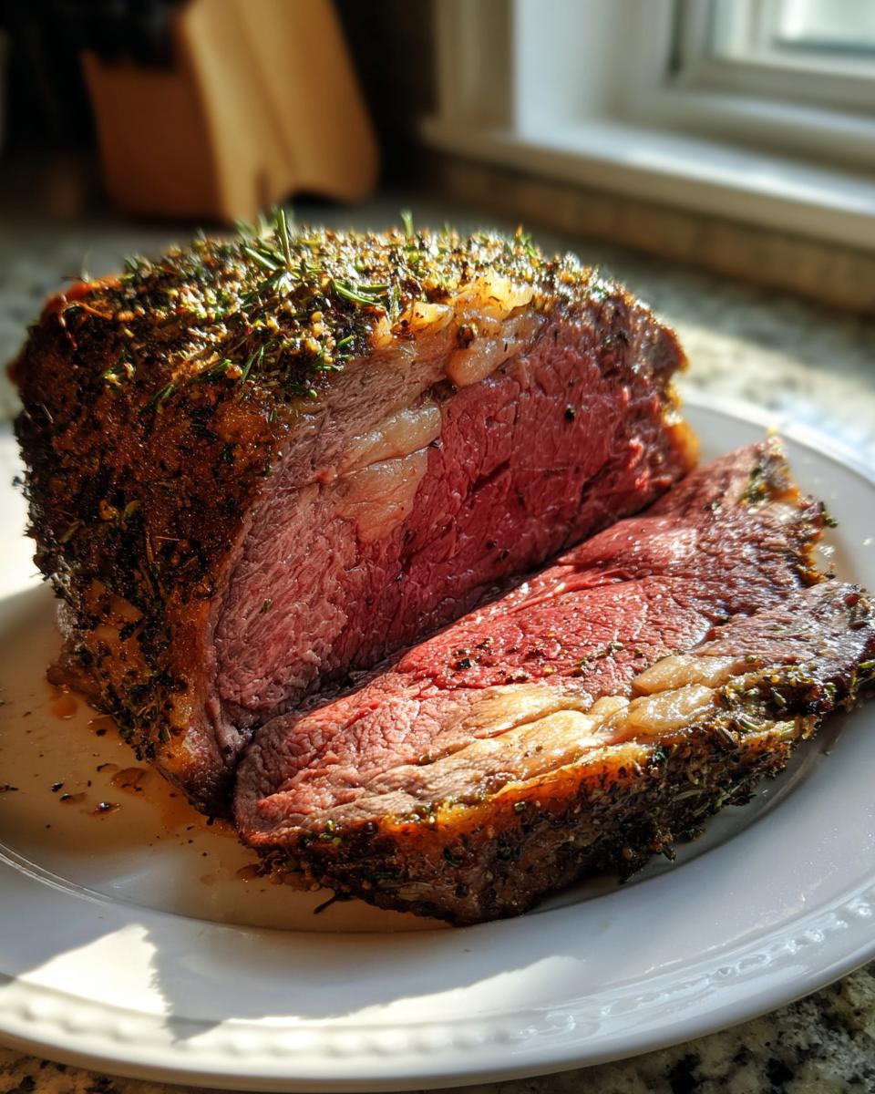 A beautifully cooked, medium-rare rib roast, crusted with herbs, sliced open on a white plate.