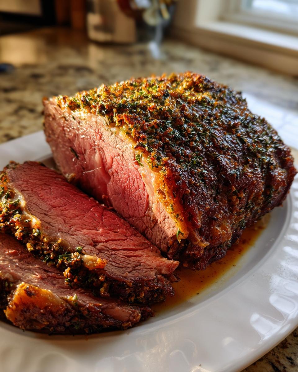 A beautifully cooked, medium-rare rib roast with a dark herb crust, partially sliced on a white platter.