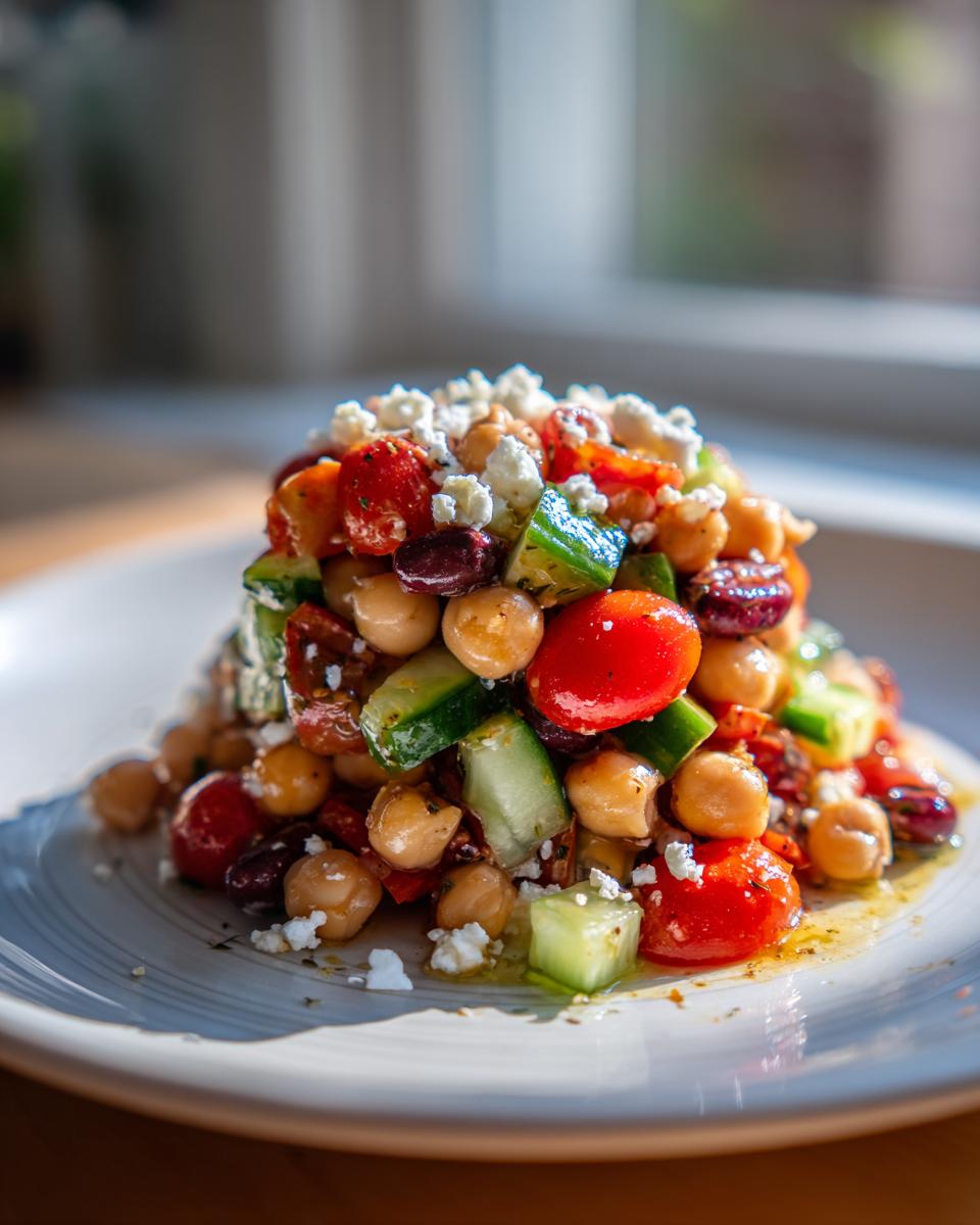 A molded serving of high protein bean salad featuring chickpeas, cherry tomatoes, cucumber, olives, and crumbled feta cheese.