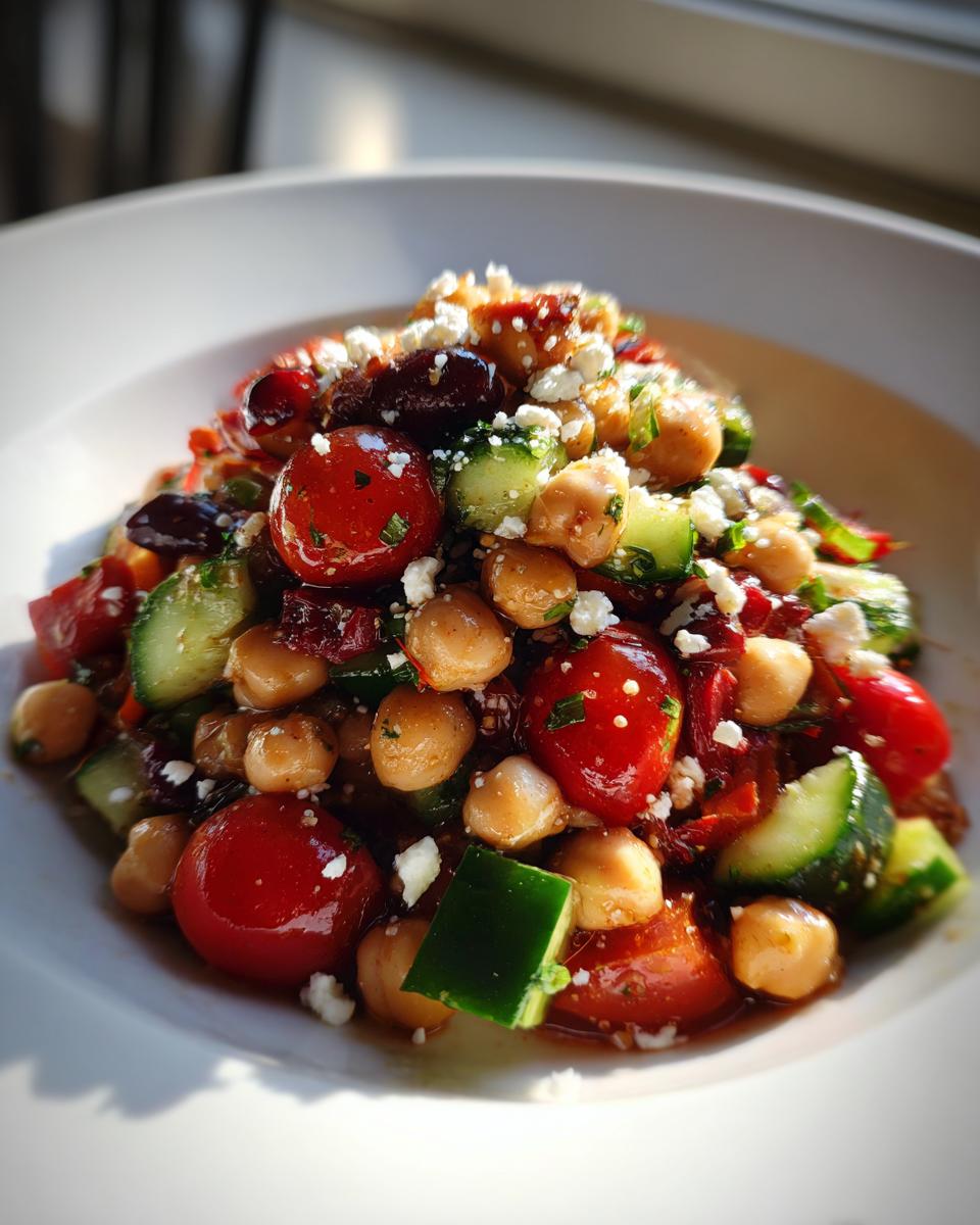 Close-up of a vibrant, high protein bean salad featuring chickpeas, cherry tomatoes, cucumber, and crumbled feta.