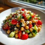 A vibrant bowl of high protein bean salad featuring chickpeas, chopped cucumbers, cherry tomatoes, and crumbled feta cheese.