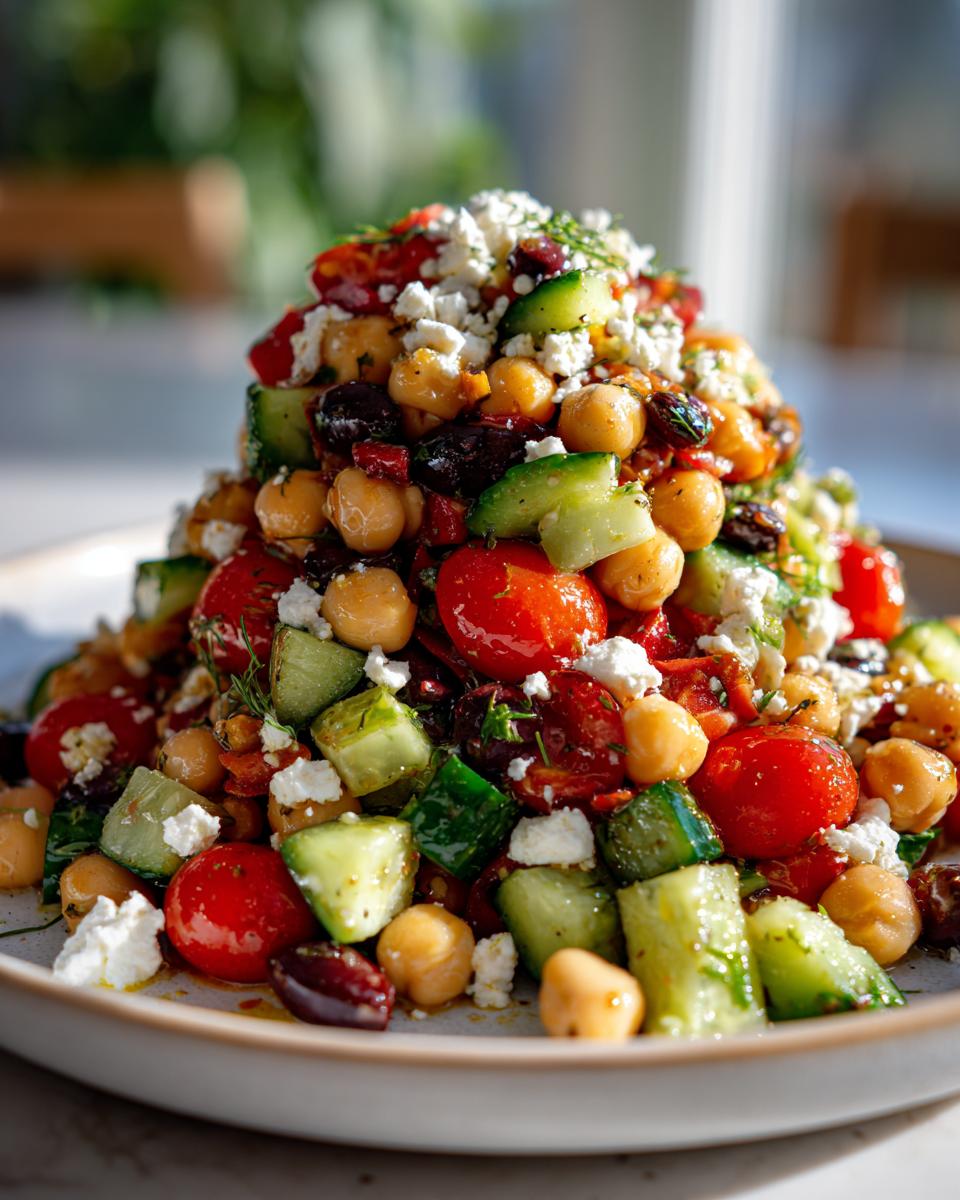 A vibrant, mounded serving of high protein bean salad featuring chickpeas, cherry tomatoes, cucumbers, olives, and crumbled feta cheese.