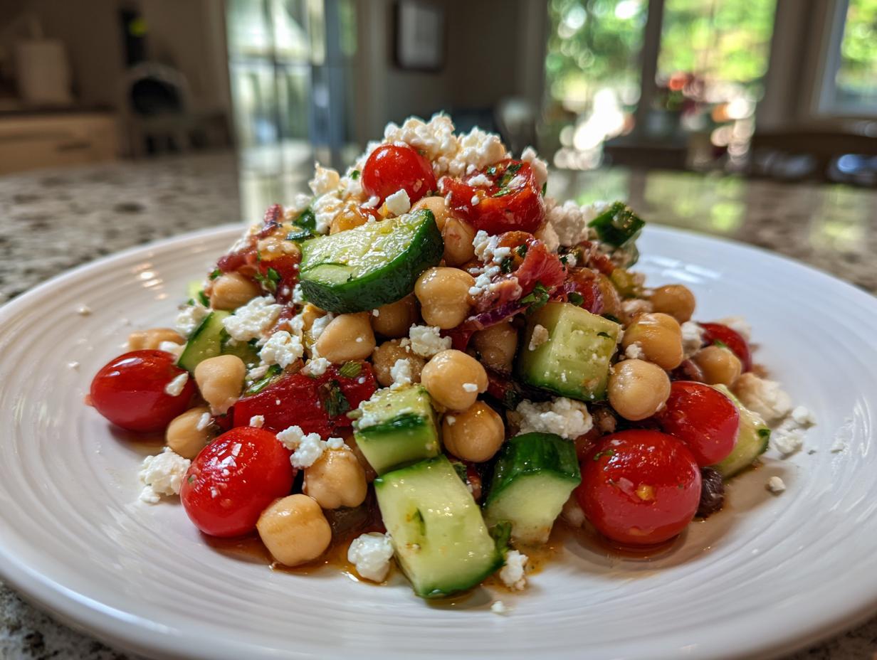 Close-up of a fresh, high protein bean salad featuring chickpeas, cherry tomatoes, cucumber chunks, and crumbled feta cheese.
