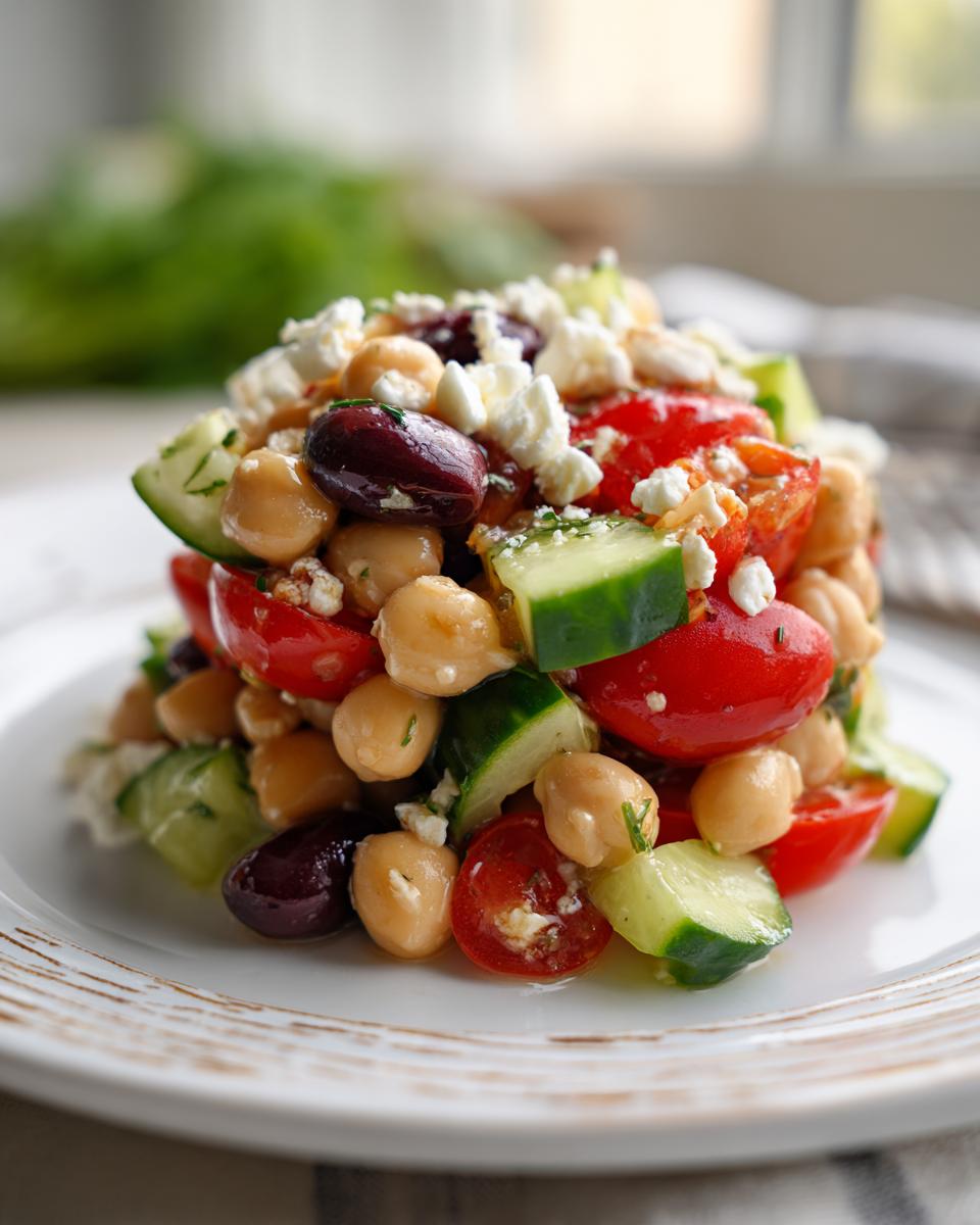 A close-up, stacked serving of high protein bean salad featuring chickpeas, cherry tomatoes, cucumber, olives, and feta cheese.