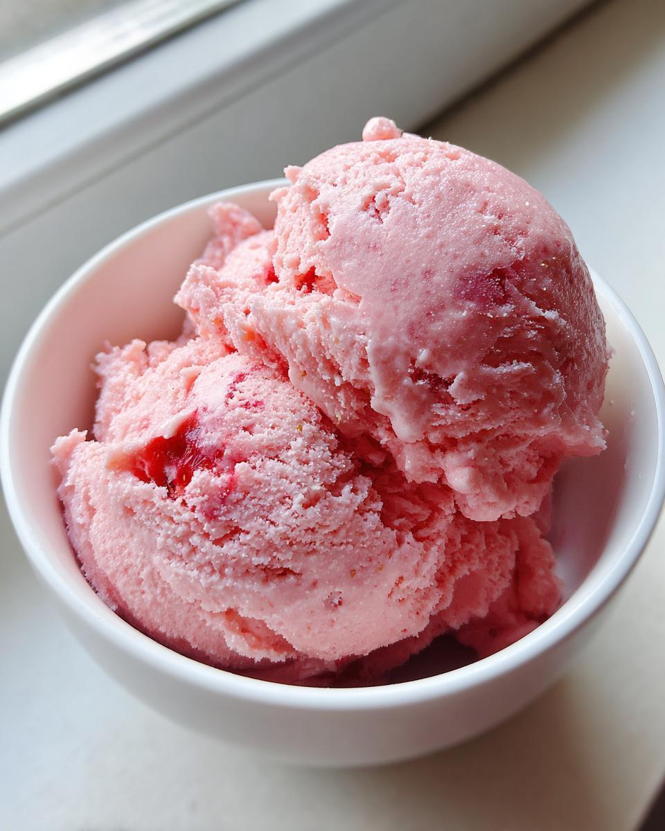 Close-up of two scoops of homemade strawberry ice cream in a white bowl, showing a rich pink color and visible fruit pieces.