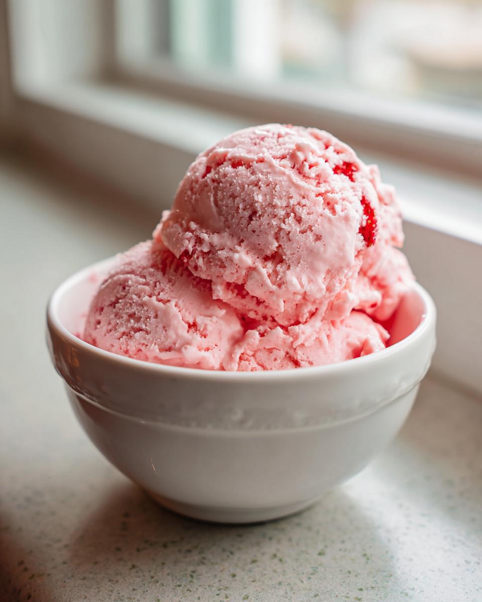 Three scoops of bright pink homemade strawberry ice cream served in a small white bowl.
