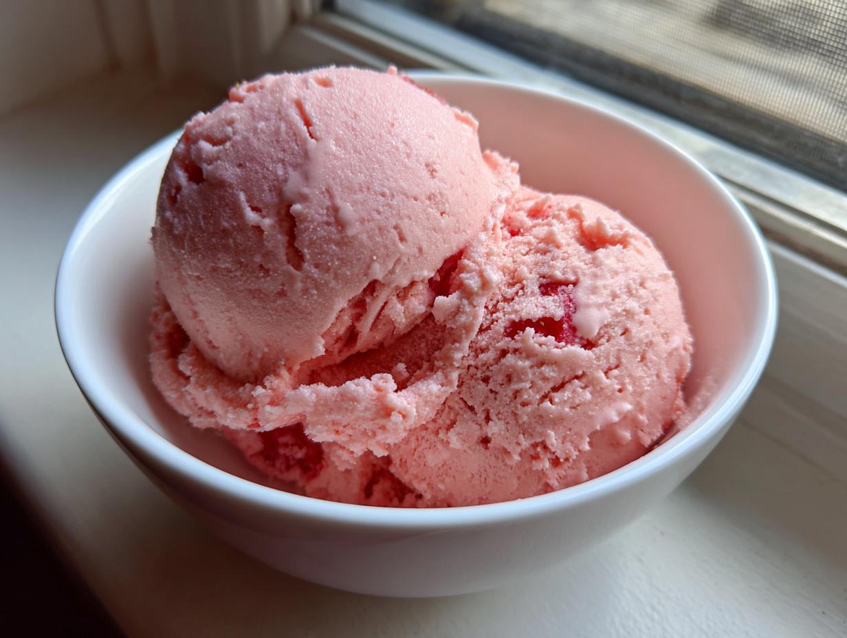 Close-up of two scoops of pink strawberry ice cream with visible fruit pieces in a white bowl.