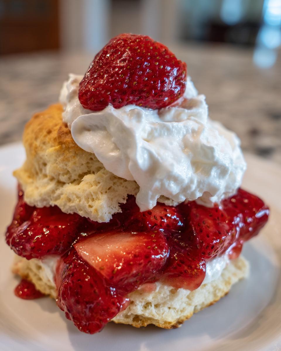 Close-up of a delicious homemade shortcake layered with macerated strawberries and topped with whipped cream and a whole strawberry.