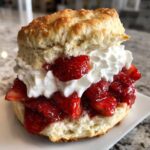A close-up view of a homemade strawberry shortcake featuring a split biscuit, macerated strawberries, and whipped cream.