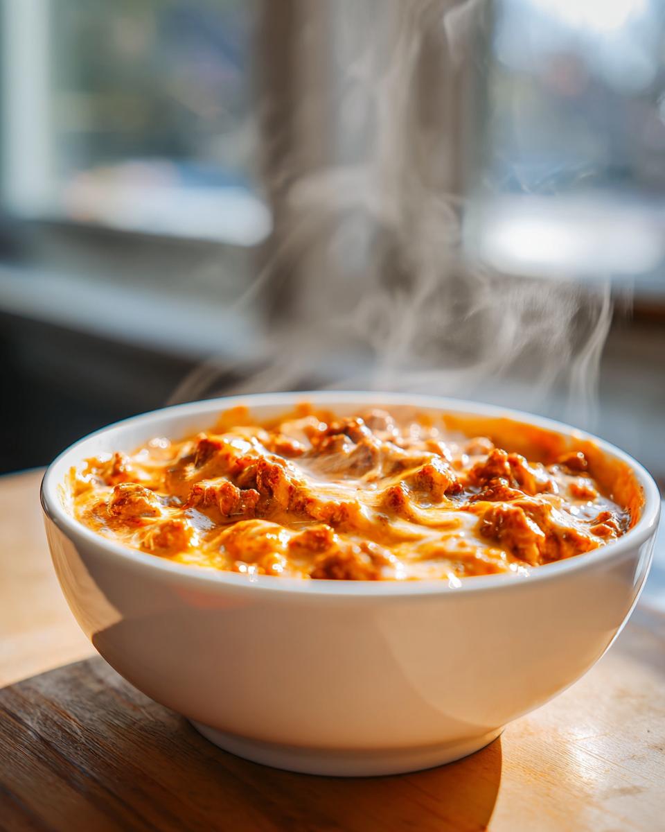A close-up of hot, freshly baked sausage cream cheese dip bubbling with melted cheese, emitting steam.