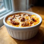Steaming hot sausage cream cheese dip bubbling with melted cheese in a white ramekin.