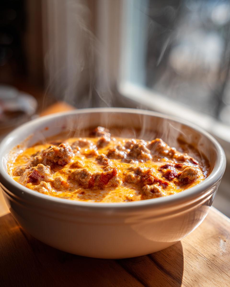 A close-up of hot, steaming sausage cream cheese dip in a white bowl, richly colored orange and brown.